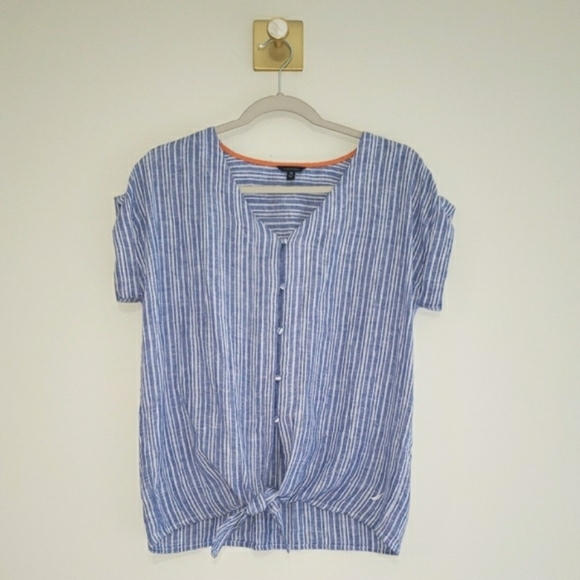 Nautica Women Linen Blend Top XS Blue White Stripes Short Sleeve Button Down - Picture 1 of 12